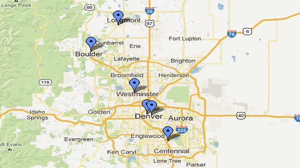 Map of Dental Health Colorado locations in Denver, 16th Street, DTC, Midtown, Westminster, Boulder and Longmont, CO.