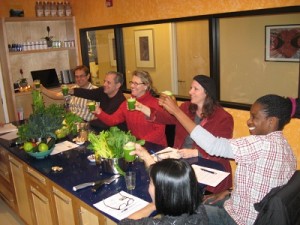 class participants raising their glasses for a cheers